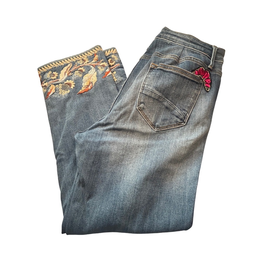 Driftwood Colette Jeans Womens 32 Blue Embroidered Velvet Patch Straight Leg